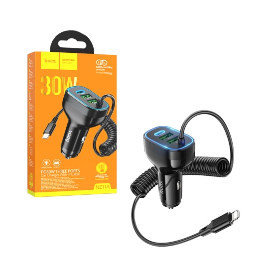 Hoco Car Charger NZ11A Guide 3 Port 2 USB+Type-C 30W with Lightning Cable Black